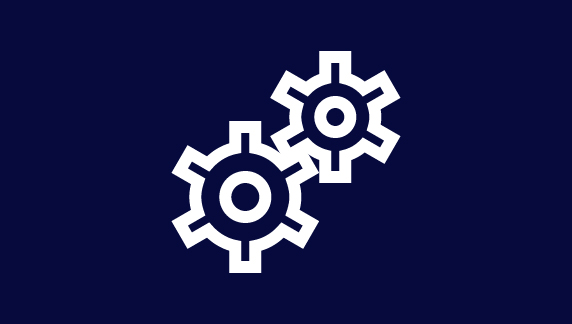 Icono de arte lineal blanco de dos engranajes entrelazados sobre un fondo azul oscuro.