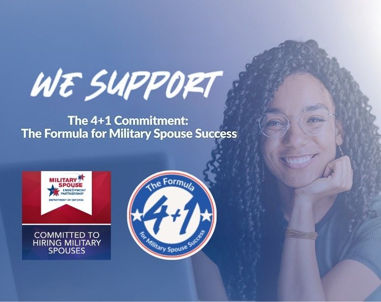 Graphic featuring text reading &lsquo;We Support: The 4+1 Commitment: The Formula for Military Spouse Success&rsquo; alongside two badges labeled &lsquo;Committed to Hiring Military Spouses&rsquo; and &lsquo;The Formula 4+1.&rsquo; A person with glasses appears on right side of image.
