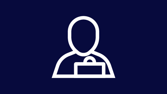 White line‑art icon of a person holding a clipboard on a dark blue background.