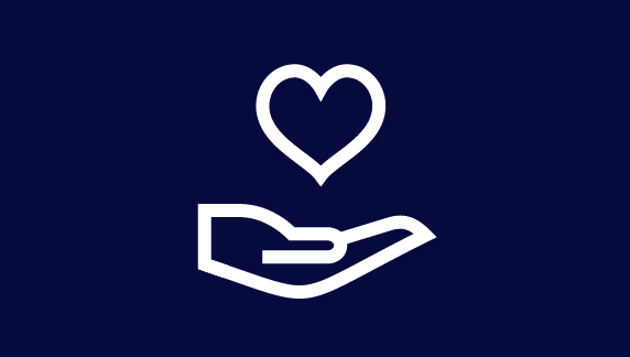 White line‑art icon of an open hand supporting a heart shape on a dark blue background.