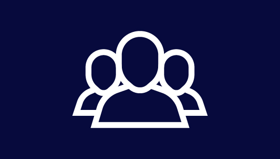 White line‑art icon of three simplified human figures on a dark blue background.