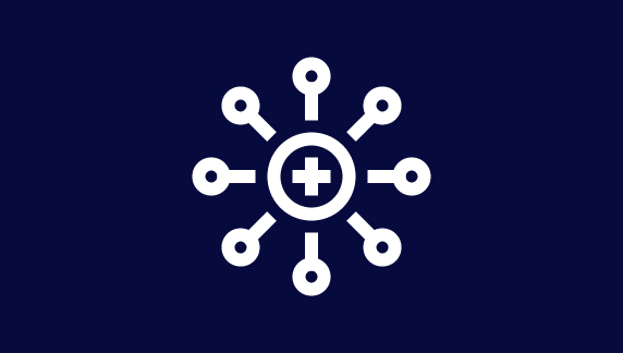 Icono blanco de una red de atenci&oacute;n m&eacute;dica, con una cruz m&eacute;dica en el centro y rodeado de nodos interconectados sobre un fondo azul oscuro, que representa a un socio de calidad o una red de atenci&oacute;n.