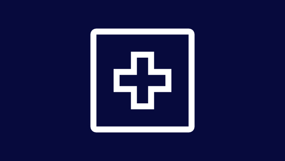 Cruz m&eacute;dica blanca dentro de un borde cuadrado sobre un fondo azul oscuro, simbolizando la atenci&oacute;n sanitaria y las soluciones m&eacute;dicas.