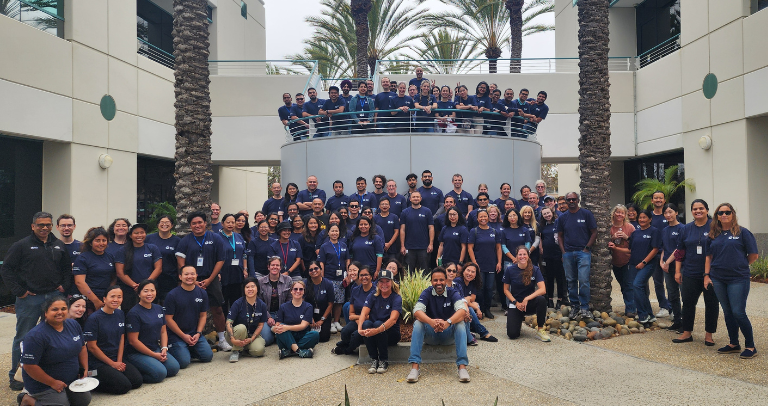 A large group of BD associates wearing matching dark shirts posing together in a courtyard area surrounded by tall palm trees and multi-level building walkways.