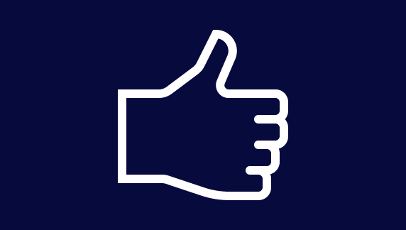 S&iacute;mbolo de polegar para cima em tra&ccedil;o branco sobre fundo azul-escuro, representando aprova&ccedil;&atilde;o ou feedback positivo.