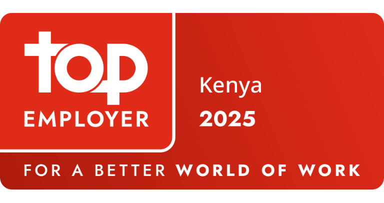 Red Top Employer certification badge displaying the text &lsquo;Top Employer Kenya 2025&rsquo; above the tagline &lsquo;For a Better World of Work.&rsquo;