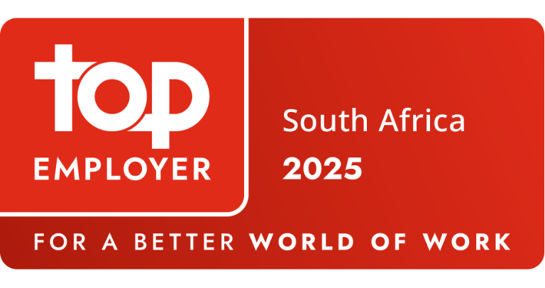 Red Top Employer certification badge showing the text &lsquo;Top Employer South Africa 2025&rsquo; with the tagline &lsquo;For a Better World of Work.&rsquo;
