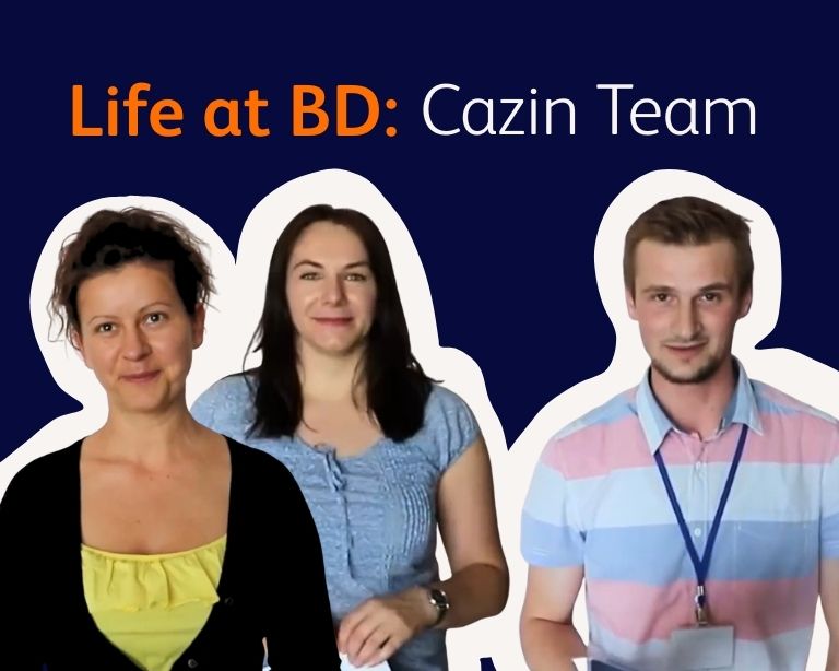 Graphic featuring three individuals standing against a solid blue background with the text ‘Life at BD: Cazin Team’ displayed above them in white lettering.