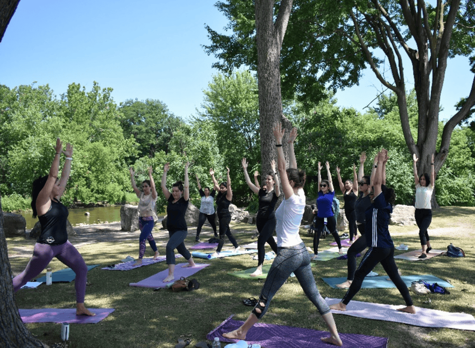 Un groupe de personnes pratiquant le yoga à l’extérieur sur des tapis colorés, dans un parc gazonné et boisé. Les participants sont debout, les bras levés, disposés en rangées sous l’ombre de grands arbres.