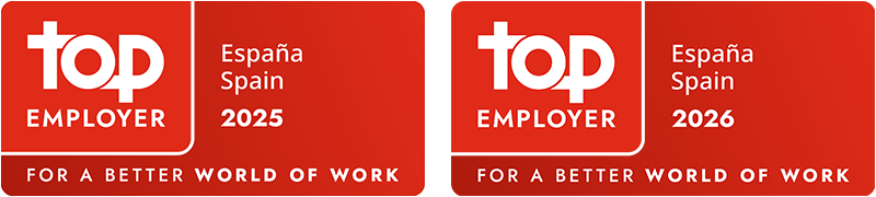 Insignias de certificaci&oacute;n Red Top Employer para &ldquo;Top Employer Espa&ntilde;a Spain 2025&rdquo; y &ldquo;Top Employer Espa&ntilde;a Spain 2026&rdquo;, cada una con el lema &ldquo;For a Better World of Work&rdquo;