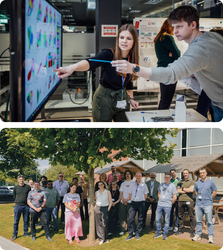 BD associates collaborating on data analysis indoors, with a second image showing a group of BD associates gathered outdoors at a site event.