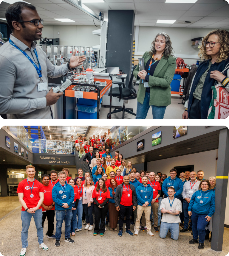 BD associate leading a discussion in a laboratory space, with a second image showing a large group of BD associates gathered indoors at a site event.