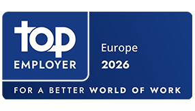 Red Top Employer certification badge displaying &ldquo;Top Employer Europe 2026&rdquo; with the tagline &ldquo;For a Better World of Work.&rdquo;