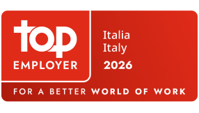 Red Top Employer certification badge displaying &ldquo;Top Employer Italia 2026&rdquo; with the tagline &ldquo;For a Better World of Work.&rdquo;