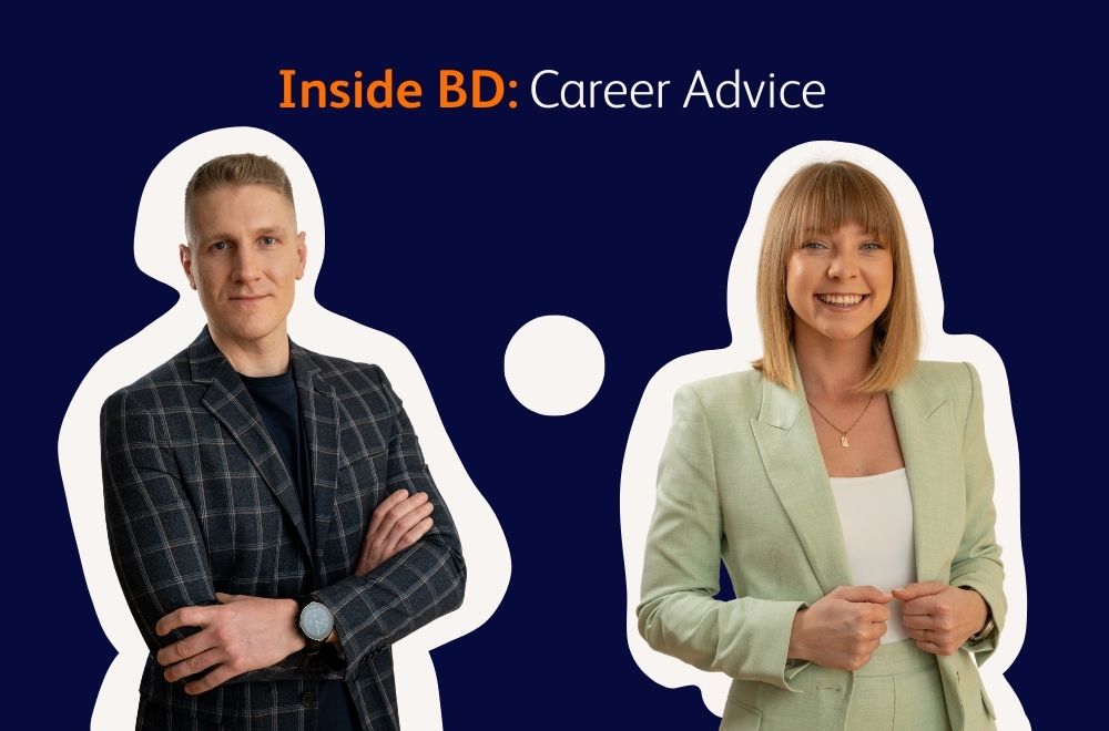 Graphic featuring two individuals standing in front of a navy blue background with the text ‘Inside BD: Career Advice.’ Each person is outlined with a white border and wearing business attire.