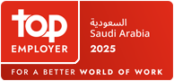 Red Top Employer certification badge displaying the text "Top Employer Saudi Arabia 2025" with the tagline "For a Better World of Work."
