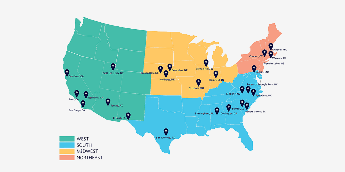 Map of the United States highlighting BD locations across the West, South, Midwest, and Northeast regions