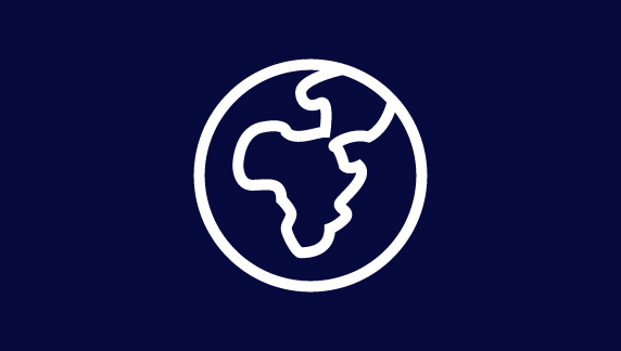 Simple white outline of a globe showing Africa, Europe, and part of Asia on a dark blue background.