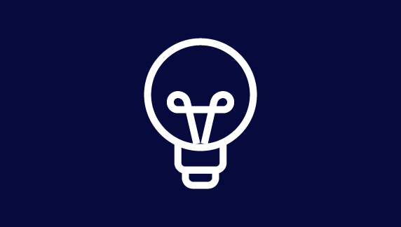 Minimalist white light bulb icon outlined on a dark navy background, symbolizing a bright idea.