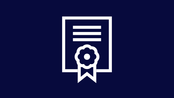 White icon of a certificate with a ribbon on a dark blue background.