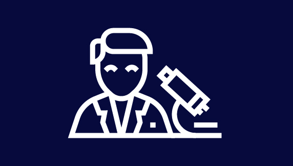 White line icon of a scientist in a lab coat beside a microscope on a dark navy background, conveying research and scientific innovation.