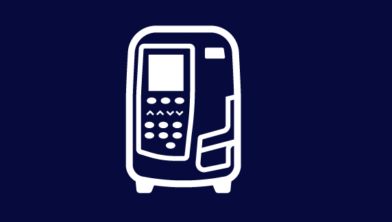 White outline icon of a compact electronic device with a screen, keypad, side panel, and base, set against a dark navy background.