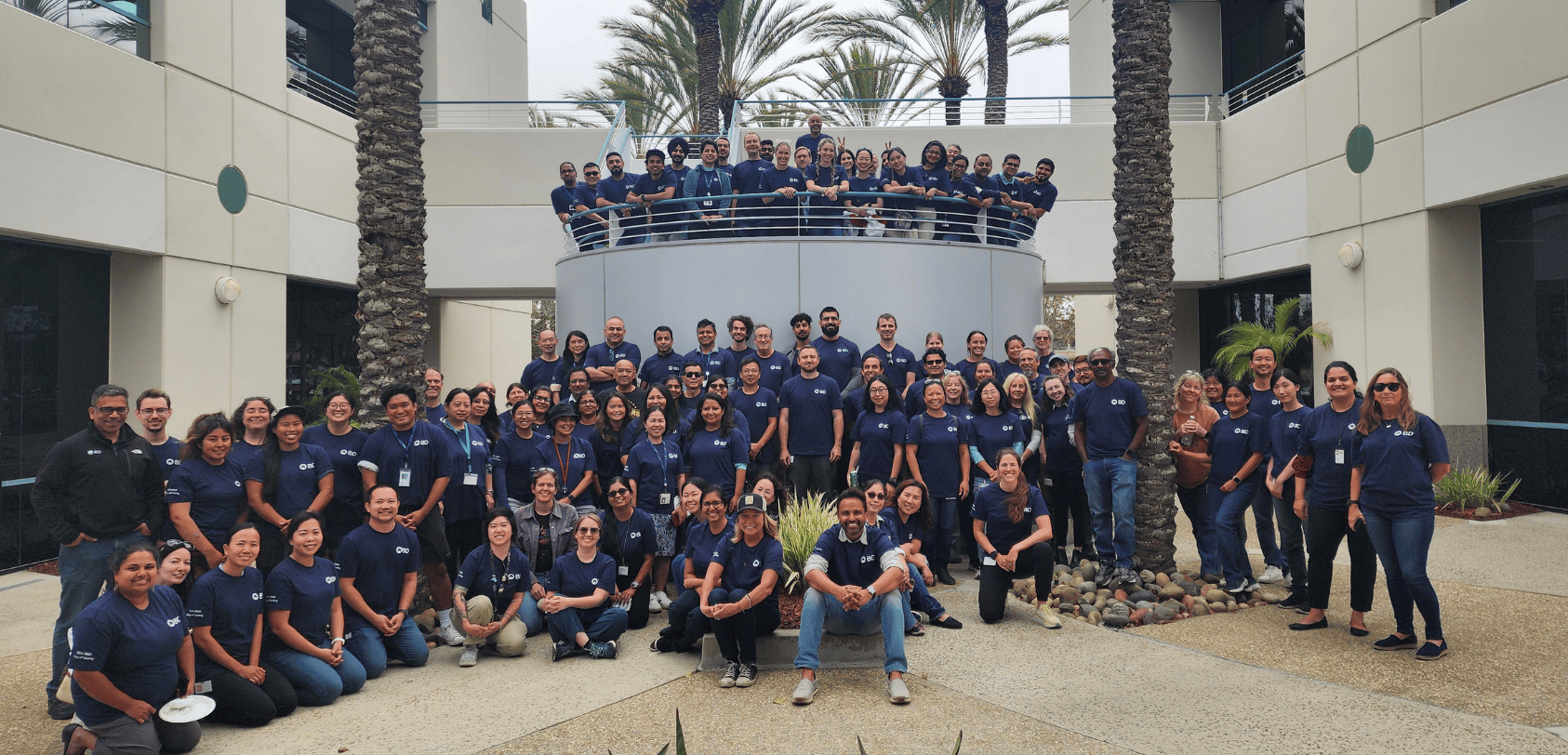 Imagen al aire libre de muchos empleados con camisetas de BD sonriendo.