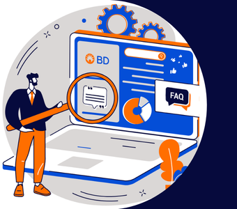Illustration of a BD FAQ dashboard displayed on a laptop screen