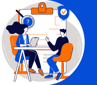 Illustration of two people discussing information at a desk