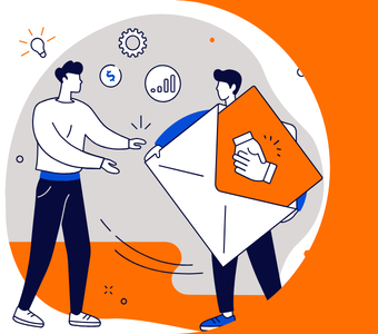 Illustration of one person handing an envelope to another