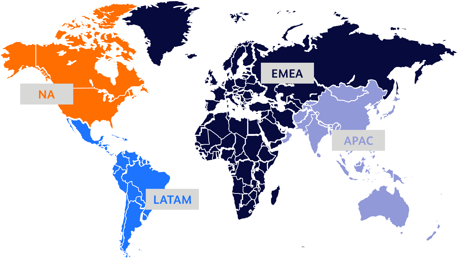 World map of each region highlighted and labeled