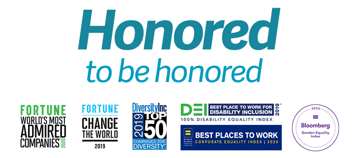 Honored to be Honored logo, Forbes 2018 - Global Growth Champions 2000, Fortune 100 Fastest Growing Companies 2018, Human Rights Campaign Foundation 2018 - Best Places to Work for LGBTQ Equality - 100% Corporate Equality Index, Fortune - World's Most Admired Companies 2019, Bloomberg - 2019 Gender-Equality Index