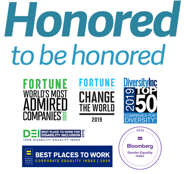 Honored to be Honored logo, Forbes 2018 - Global Growth Champions 2000, Fortune 100 Fastest Growing Companies 2018, Human Rights Campaign Foundation 2018 - Best Places to Work for LGBTQ Equality - 100% Corporate Equality Index, Fortune - World's Most Admired Companies 2019, Bloomberg - 2019 Gender-Equality Index