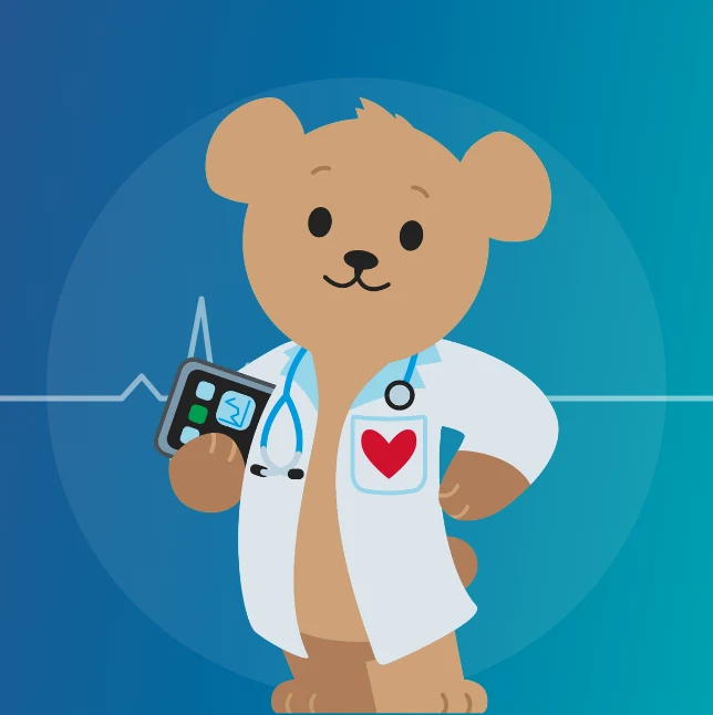RCH mascot Choco Bear in white coat with stethoscope and chart