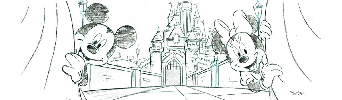 Mickey et Minnie ouvrent les rideaux pour montrer le château Disney.