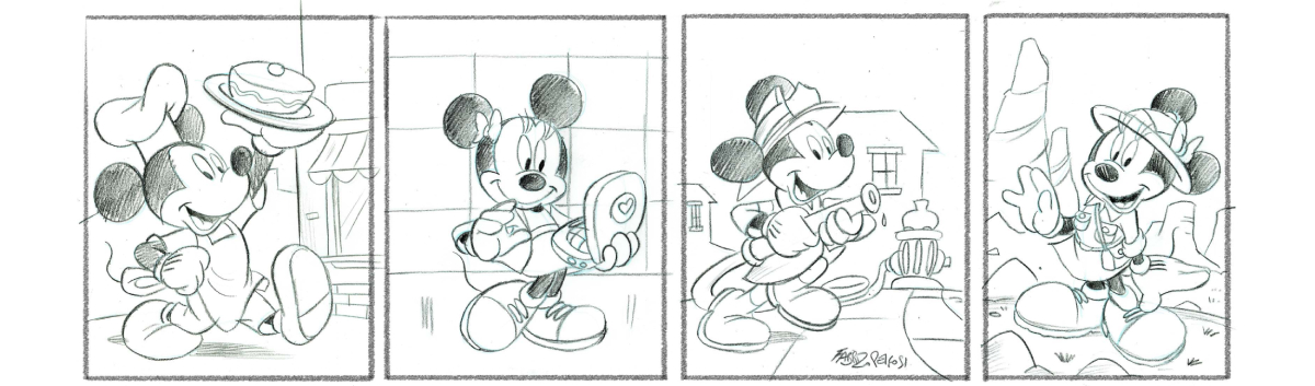 Photo strip with 4 slots showing Mickey doing various activities.