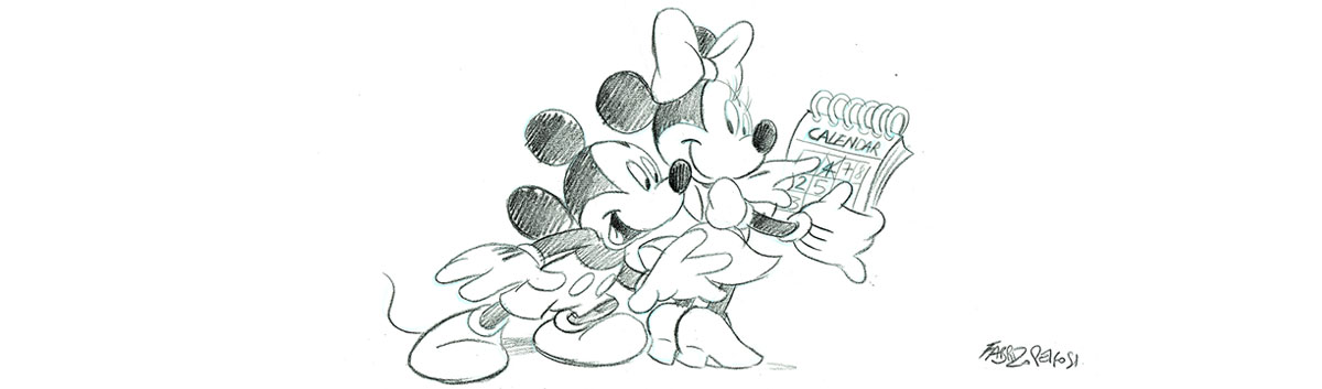 Mickey and  Minnie looking at calendar.
