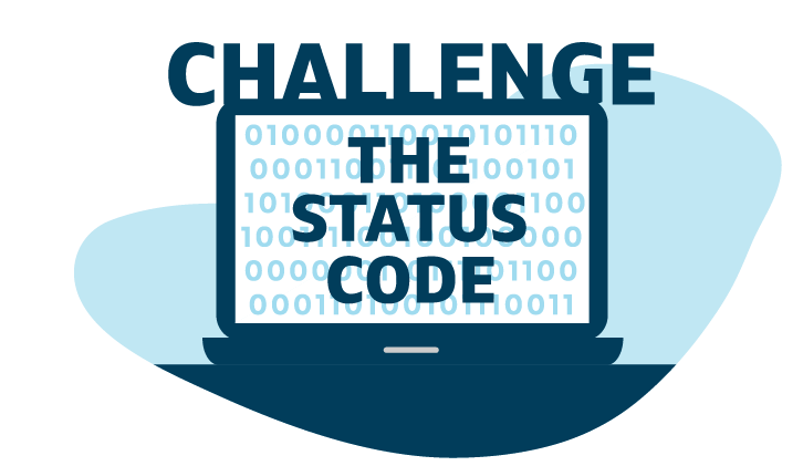 Capital One blue illustration of a laptop that says "Challenge the Status Code"