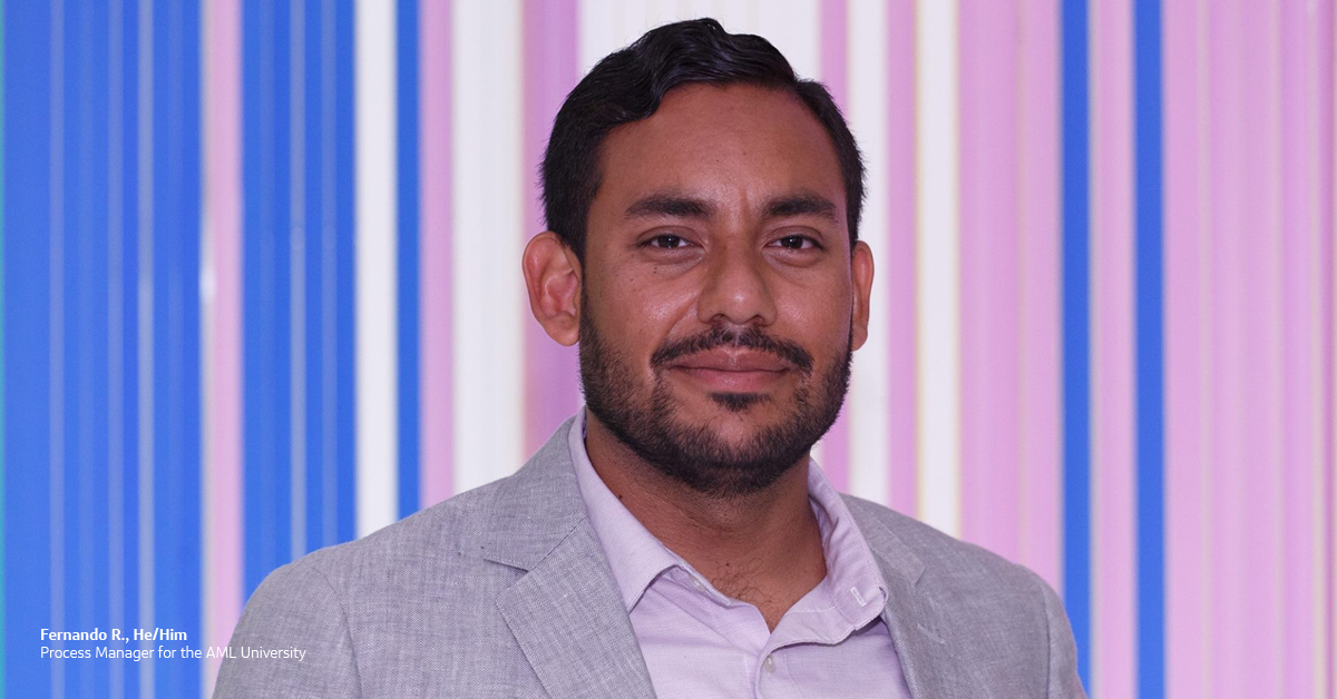 Capital One associate Fernando R., He/Him, Process Manager for the AML University, standing in front of a pink and blue background