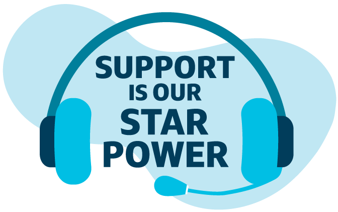 Blue illustrated graphic of a headset that says "support is our star power" referring to customer care associates at Capital One