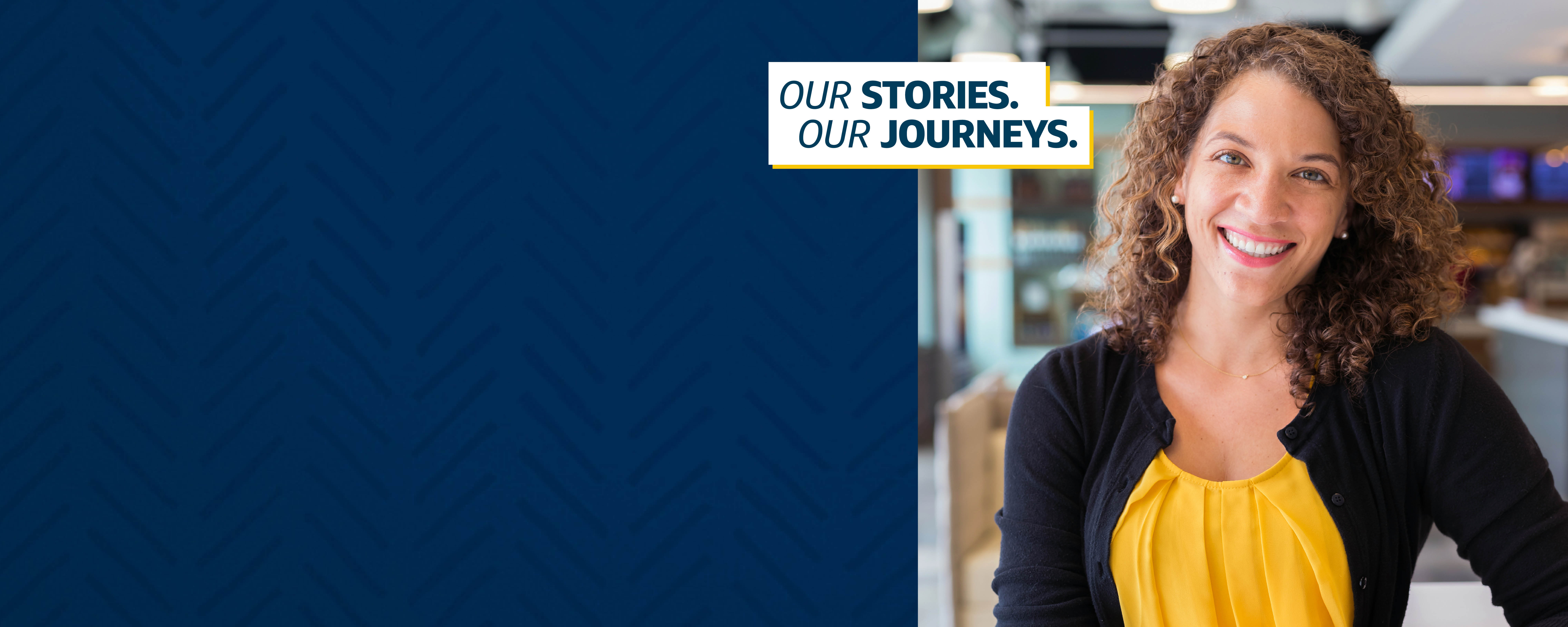 Capital One associate Elesah stands and smiles, leaning against a surface. The words, "Our Stories, Our Journeys" are in the center of the page, with her picture next to a dark blue background 