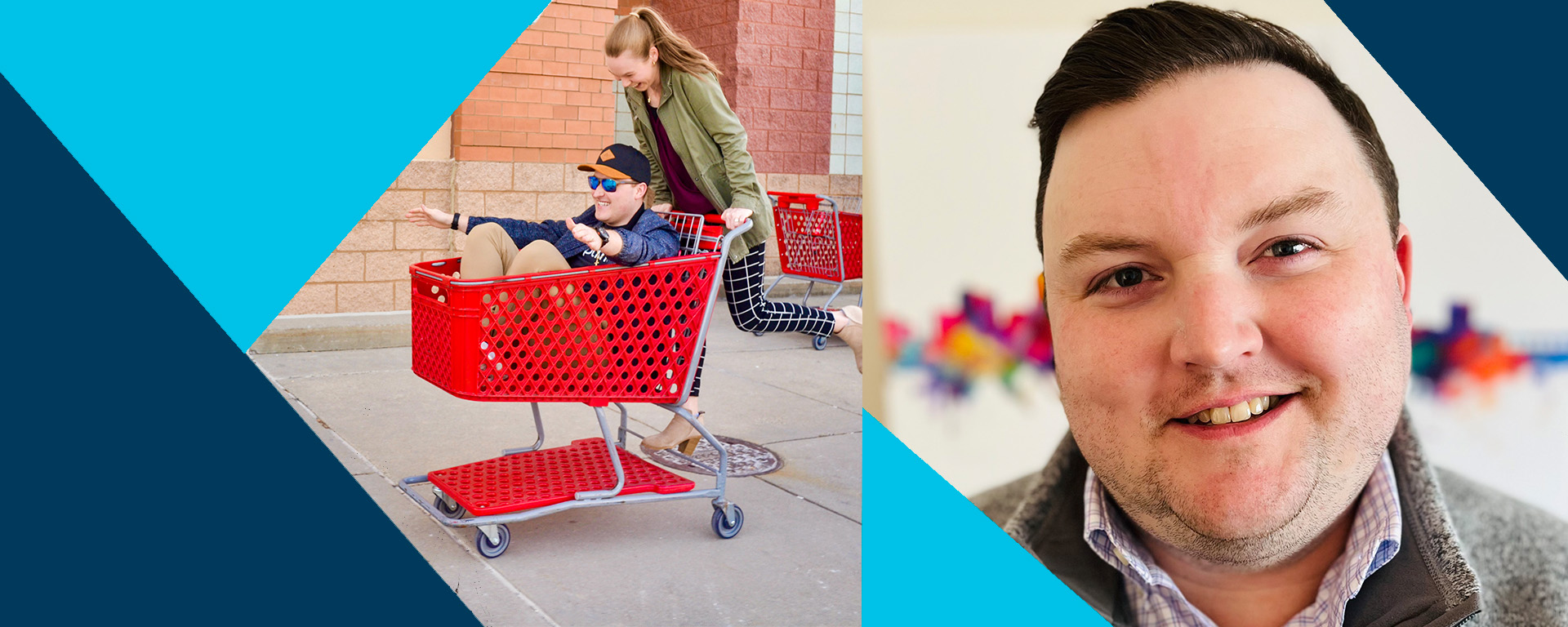 A collage of two images, one of a girl pushing a guy in a Target shopping cart outside, and the other is a Capital One associate sitting in the back of an SUV with the hatch back door up giving the camera two thumbs up.