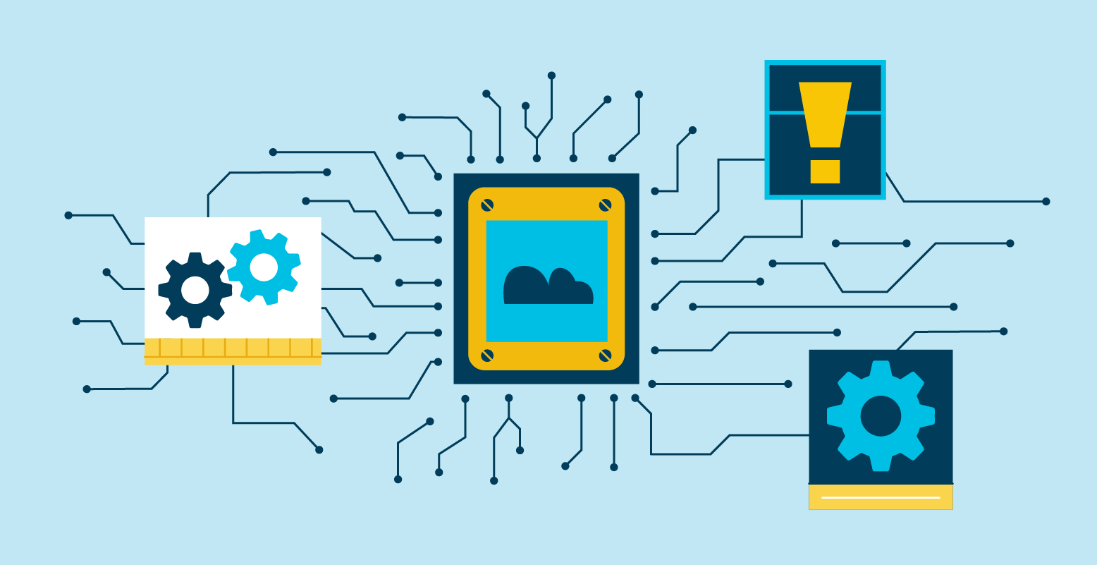 An illustration of multiple tech products with connecting lines between them, representing Capital One