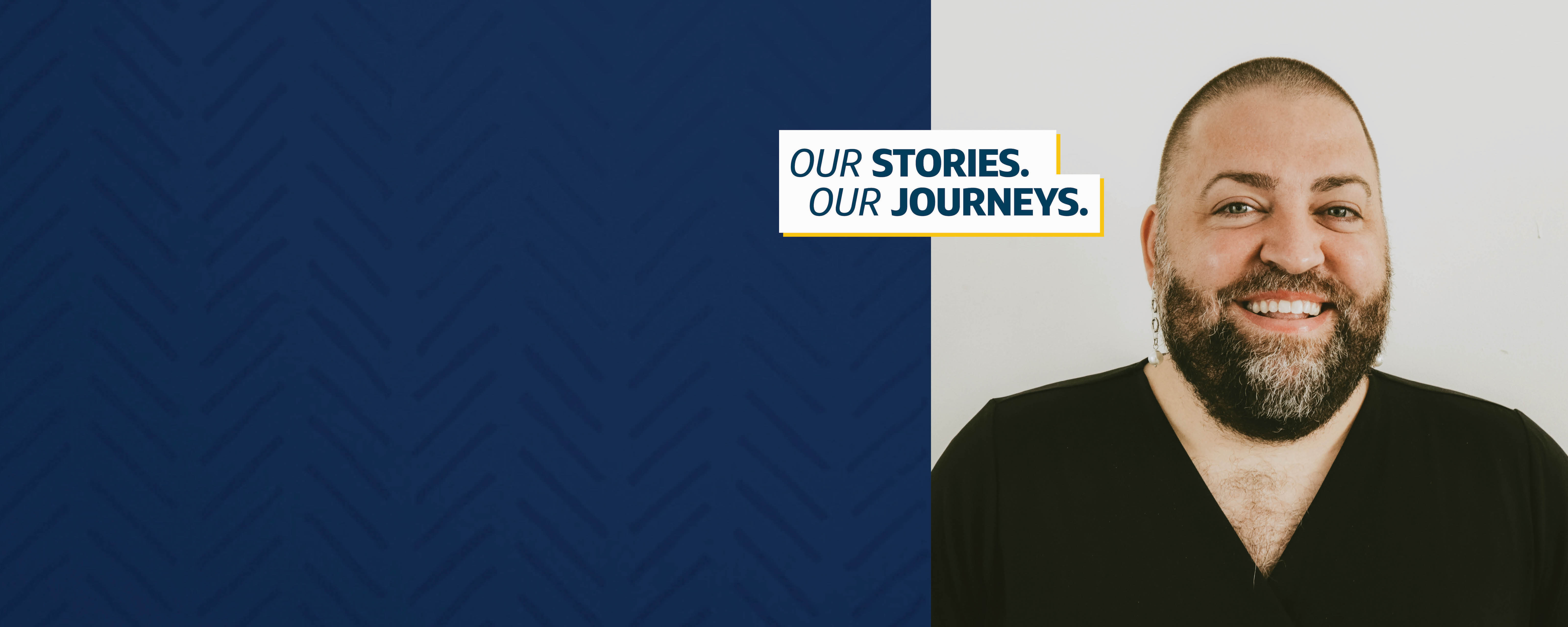 A picture of Capital One associate Patti standing in front of a white wall next to a dark blue background, with the words "Our Stories Our Journeys"