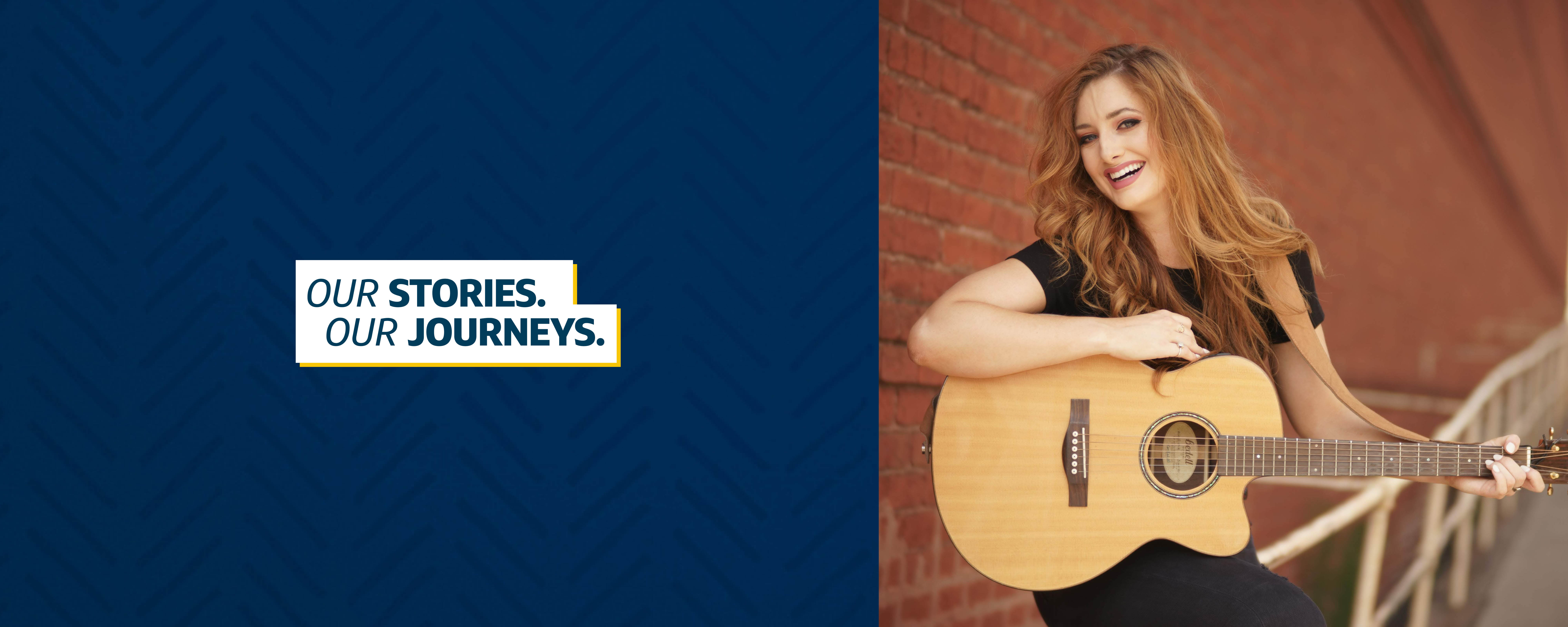 Image of Capital One associate Caitlin with her guitar, and the title 'Our Stories, Our Journeys,'' next to a dark blue background