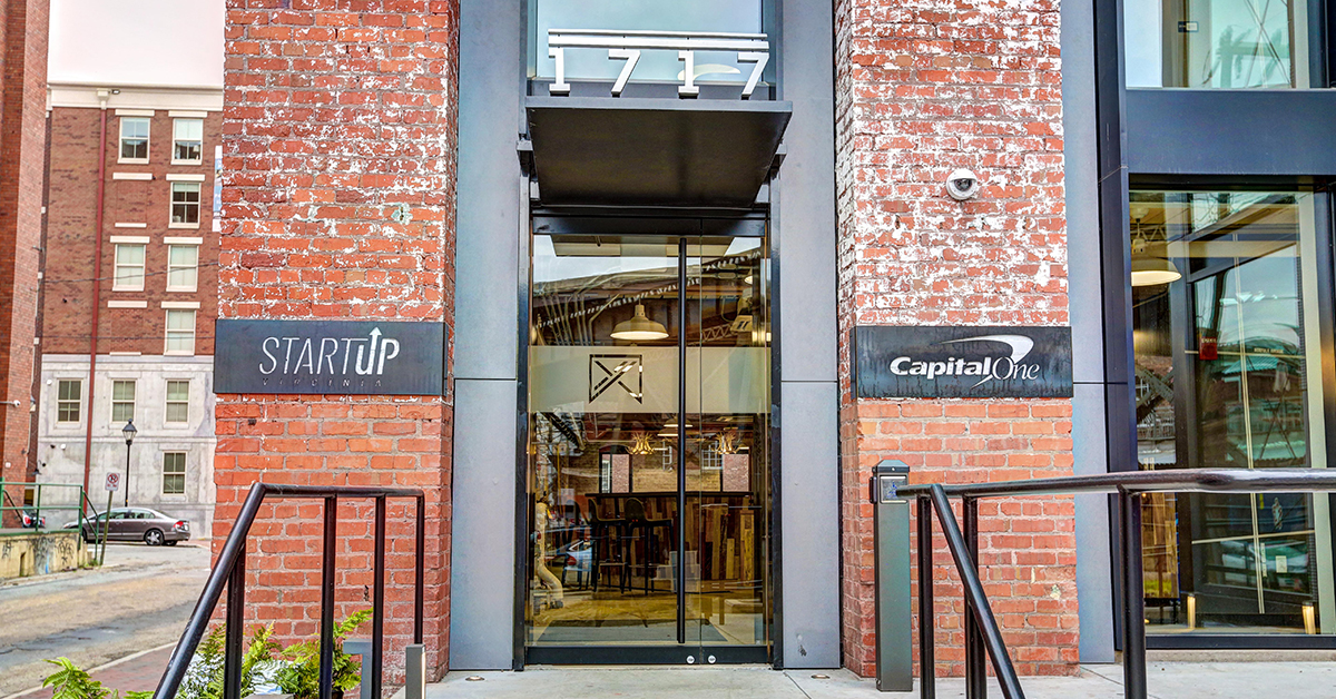 The exterior front door of Capital One 1717 Innovation Center in Richmond, VA