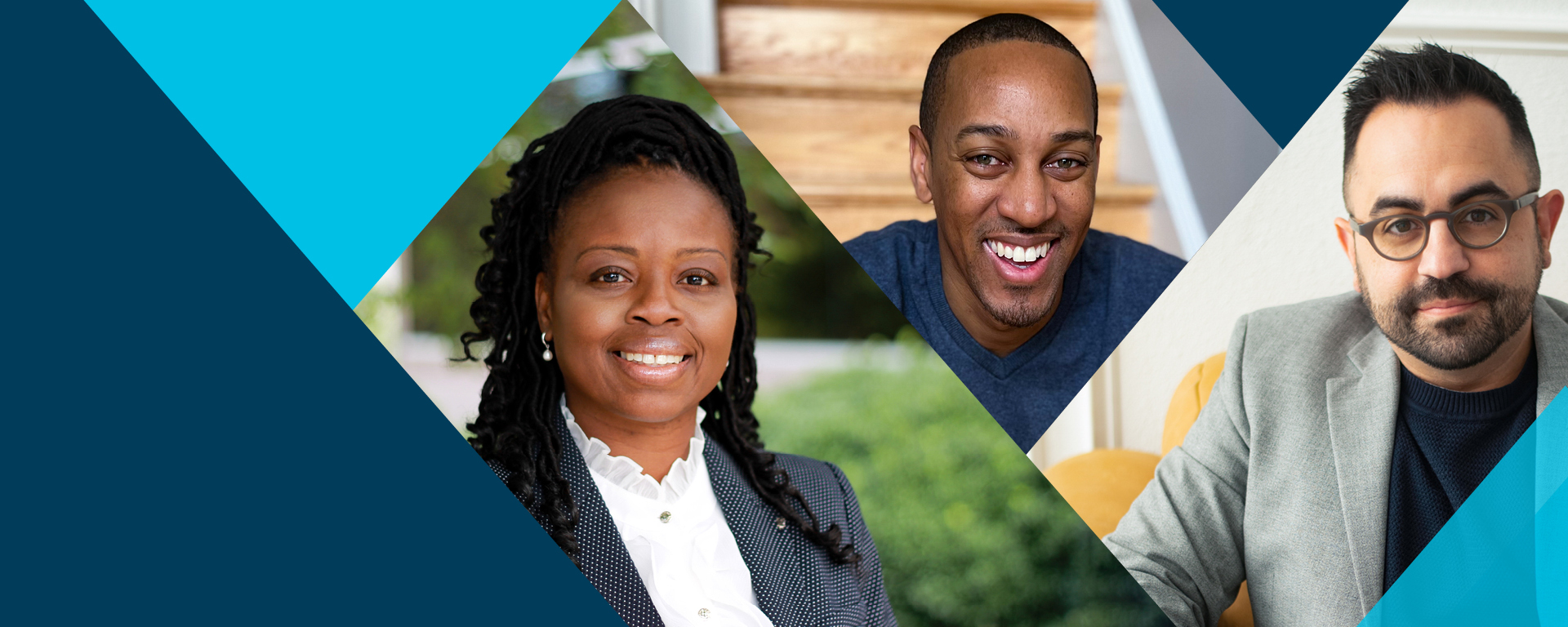 A collage of three headshots of Capital One Black and Latinx leaders with a triangular blue background