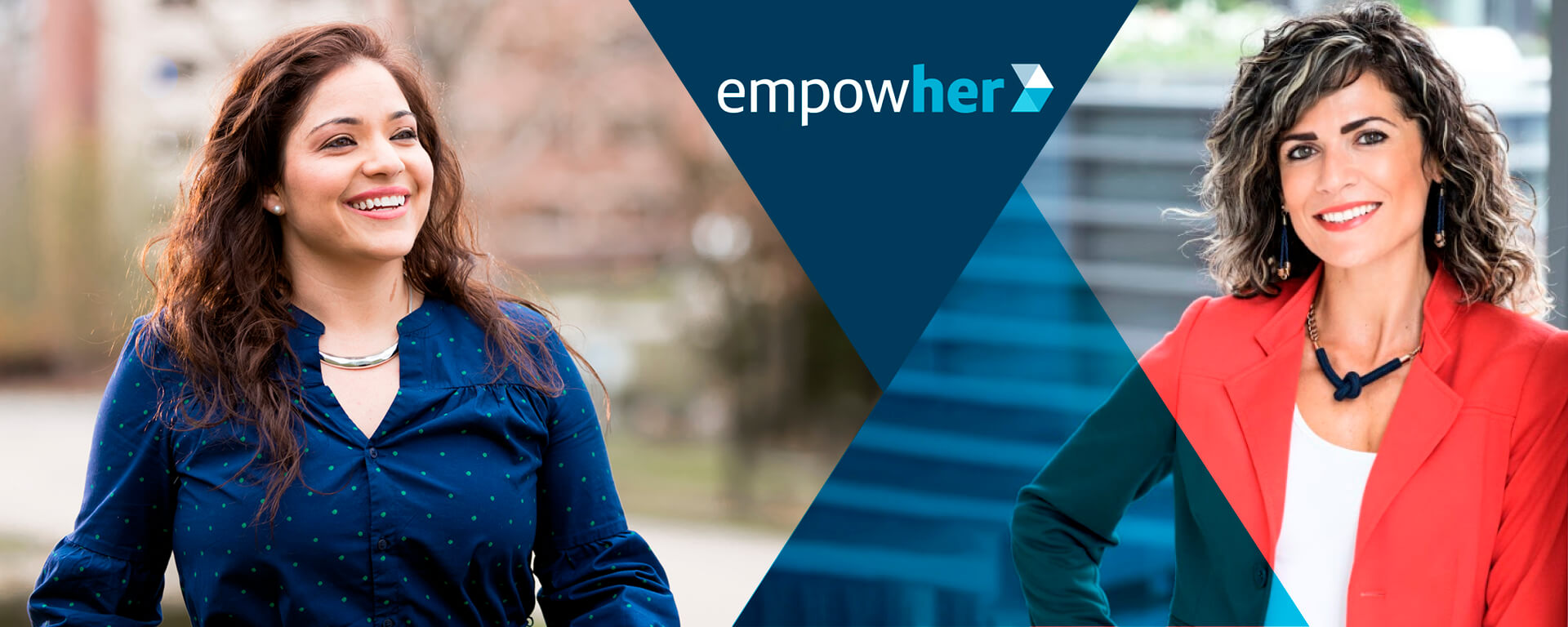 Two pictures of Capital One associates part of the EmpowerHER BRG at Capital One, with a blue triangular design overlay, and the EmpowerHER logo