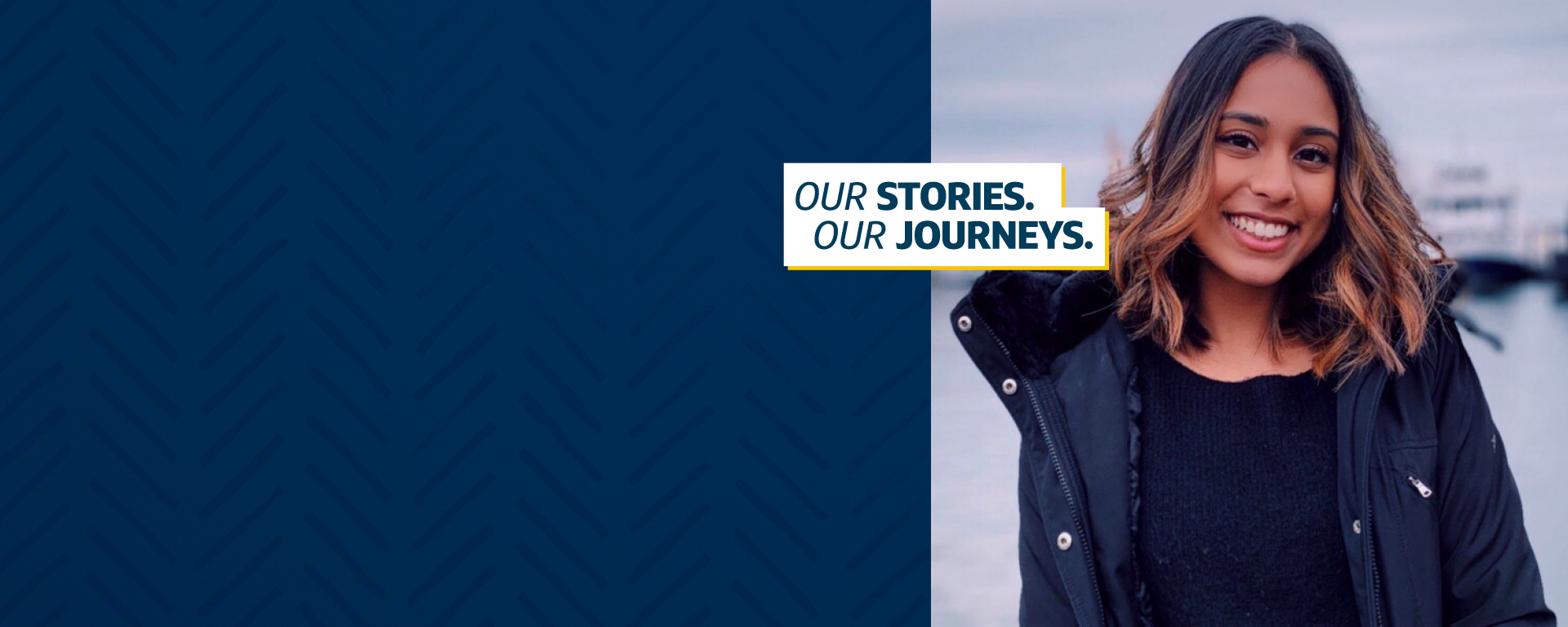 Picture of Capital One associate Mahi standing outside with a coat on on the left, with a dark blue background on the right, and a logo that says 'Our Stories, Our Journeys'