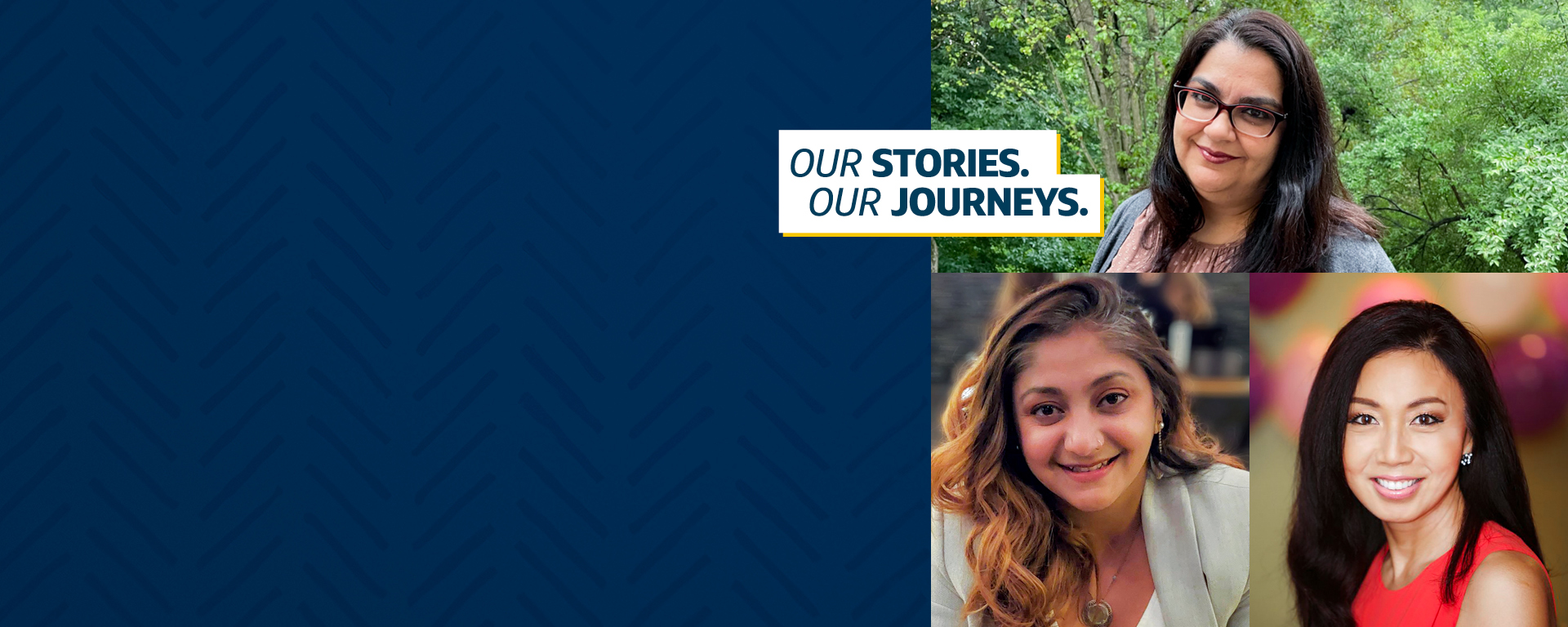 A collage of 3 images of Capital One associates, with the words 'Our Stories, Our Journeys,' next to a dark blue background
